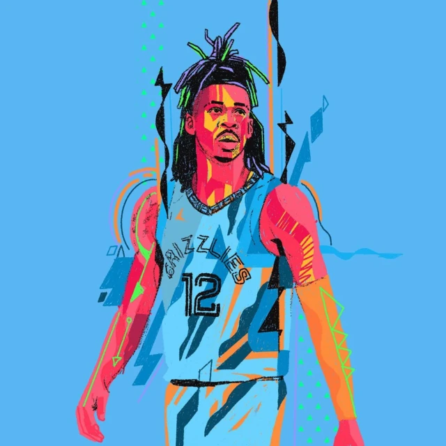 Illustration of basketball player in a Memphis Grizzlies jersey with the number 12 on a blue background with abstract shapes.