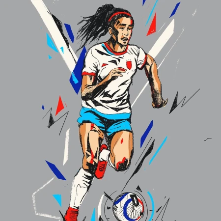 Illustration of an adult female soccer player running with a ball at her feet, set against a gray backdrop with dynamic accent lines.