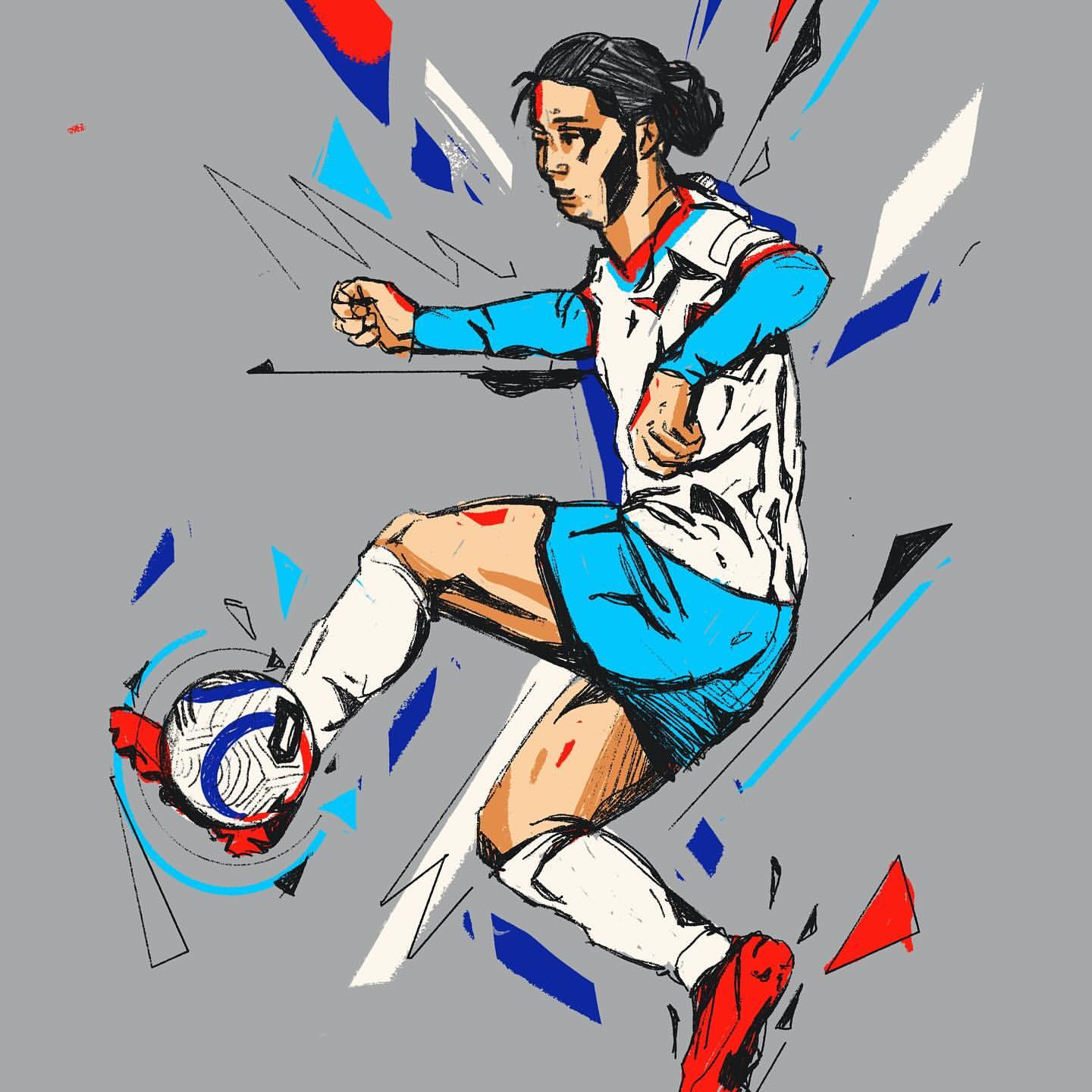 Stylized digital illustration of a soccer player kicking a soccer ball, with an action pose and abstract background on grey.