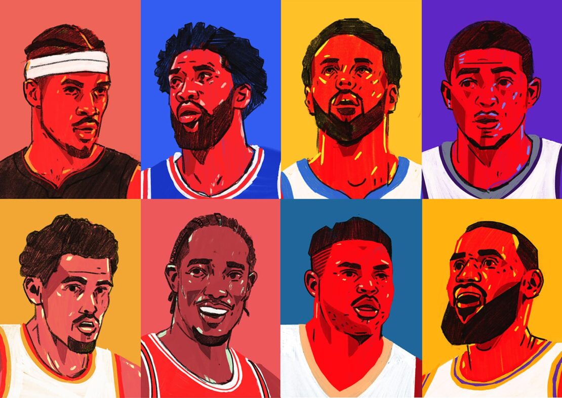 Illustration featuring 8 basketball players' headshots, each in a square, with bold colors, cartoonish linework, and contrasting backgrounds.
