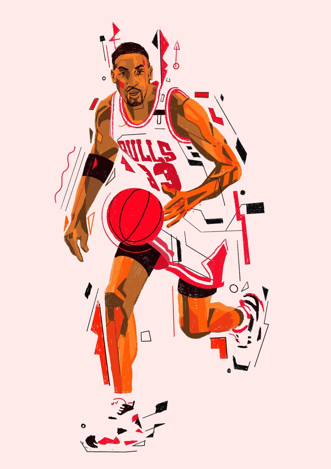 Illustration of a male basketball player dribbling a red basketball. The figure is wearing a Chicago Bulls jersey and shorts.