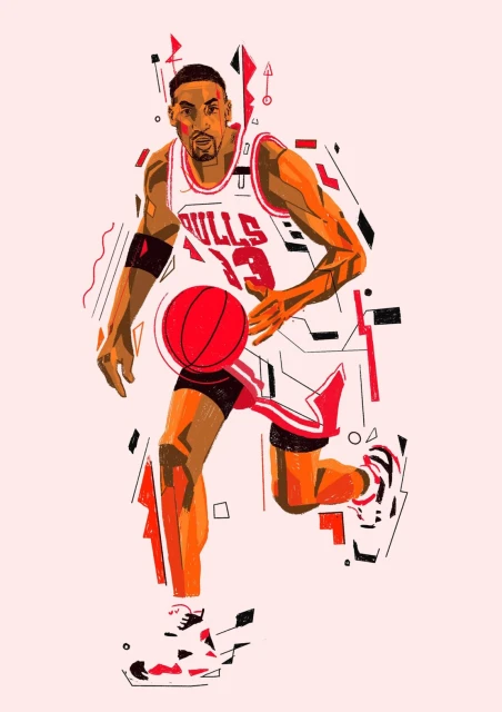 Illustration of a male basketball player dribbling a red basketball. The figure is wearing a Chicago Bulls jersey and shorts.