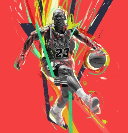 Illustration of a basketball player, Michael Jordan in Chicago Bulls jersey, dribbling a basketball against a red background with paint strokes.