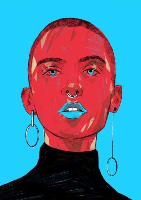 Illustration of a bald adult female with red skin and bright blue lips wearing a black turtleneck against a light blue backdrop.