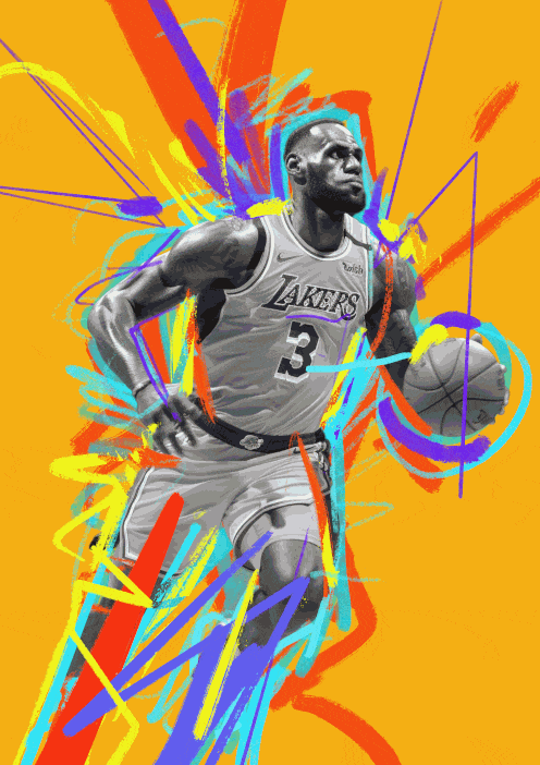 Illustration of basketball player dribbling a ball, featuring the athlete in the Lakers jersey against an orange background.