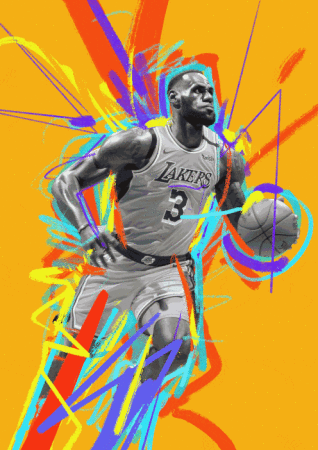 Illustration of basketball player dribbling a ball, featuring the athlete in the Lakers jersey against an orange background.