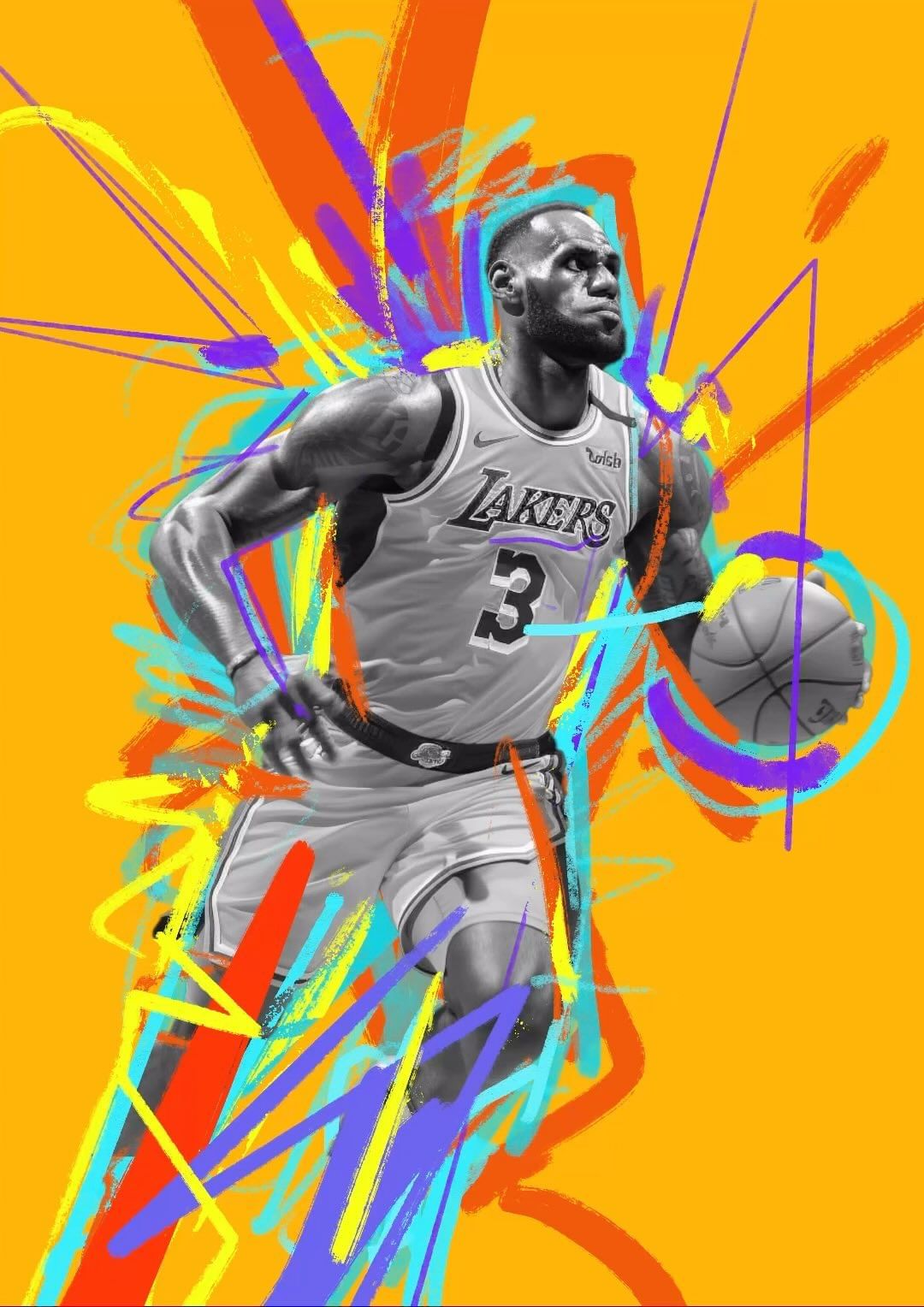 An artistic rendering of LeBron James dribbling a basketball in his Lakers jersey against a vibrant orange backdrop with colorful streaks.