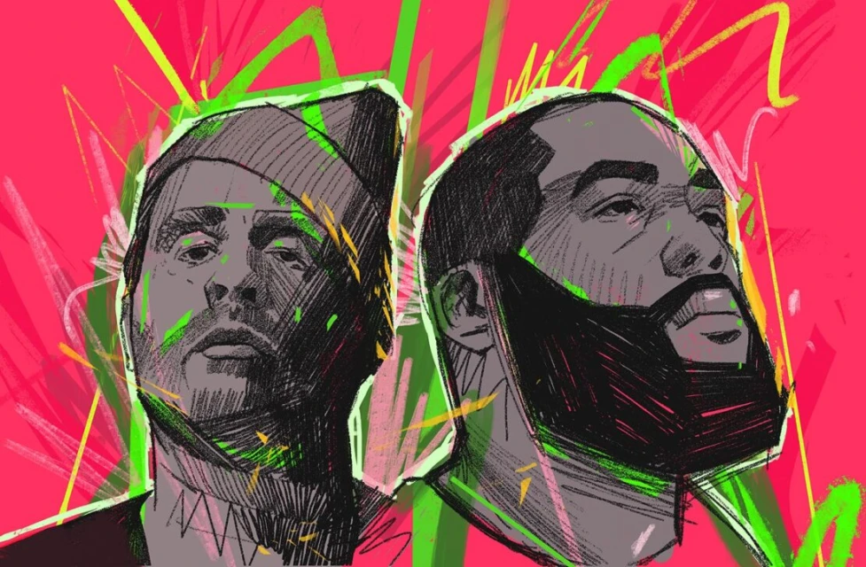 Illustration of two adult males with beards, one wearing a hat, set against a vivid pink background with abstract green accents.