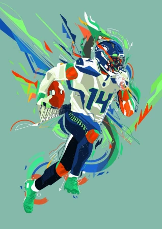 Illustration of a football player in full gear, wearing number 14, running with the ball against an abstract background.