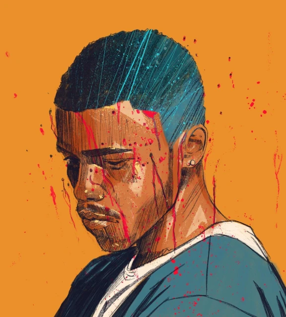 Illustration of a young adult male with short hair and red spots on his face and neck against an orange background.