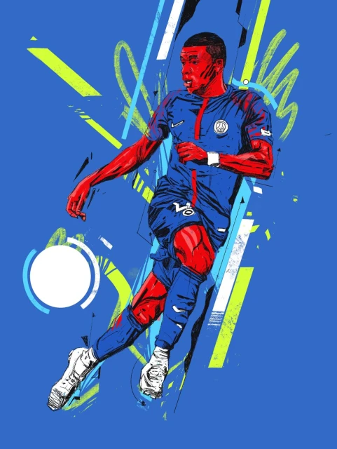 Illustration of a male soccer player in a blue and red uniform, dynamically posed against a blue background with geometric accents.