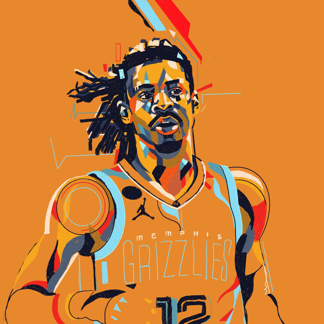 Illustration of basketball player in Memphis Grizzlies jersey against an orange background, rendered in a geometric pop art style.