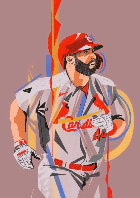 Illustration of baseball player in red hat and uniform with red bird design, against a taupe background with colorful line details.