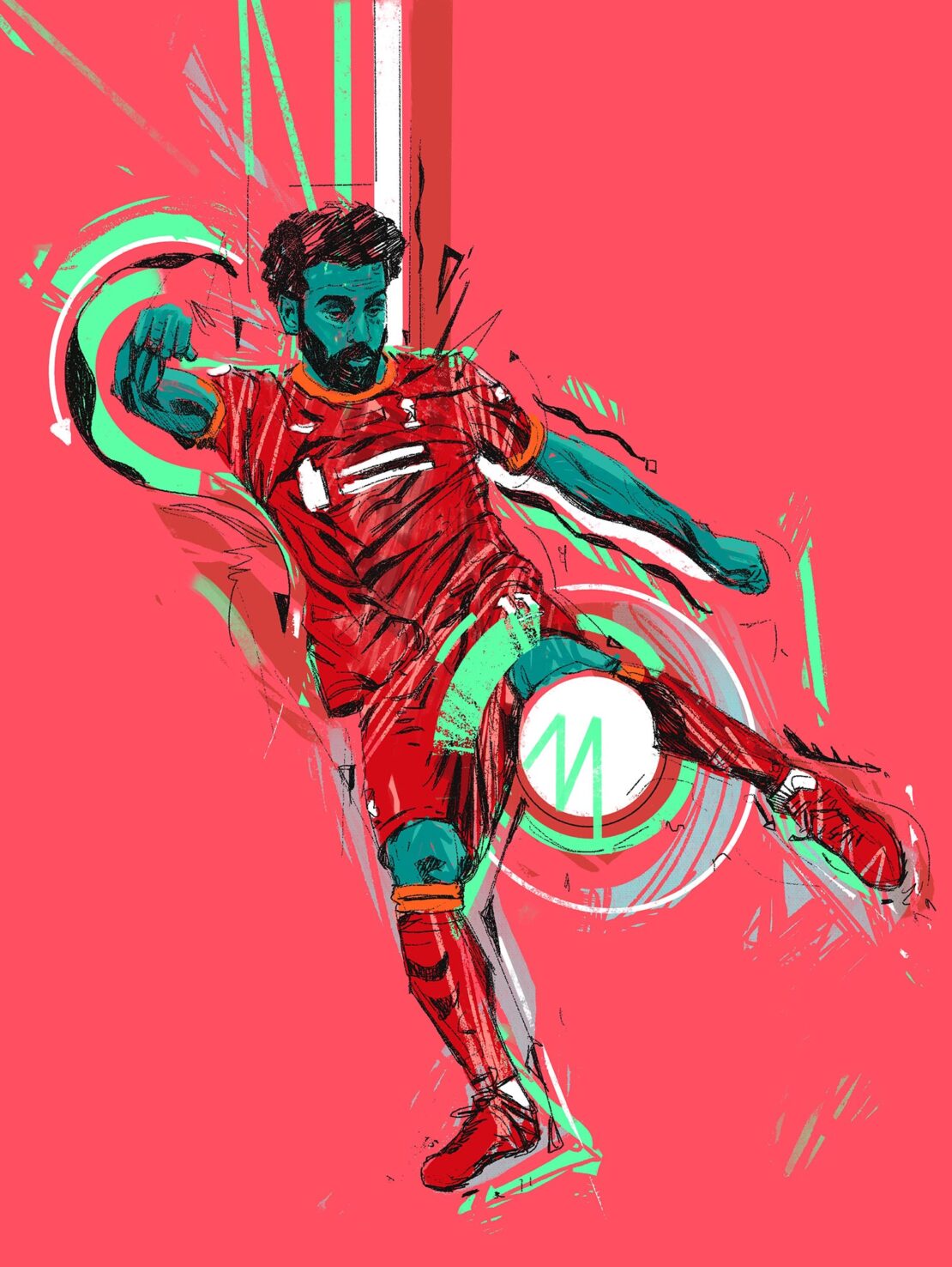 Illustration of a soccer player in a red jersey kicking a soccer ball against a coral background with green and white accents.