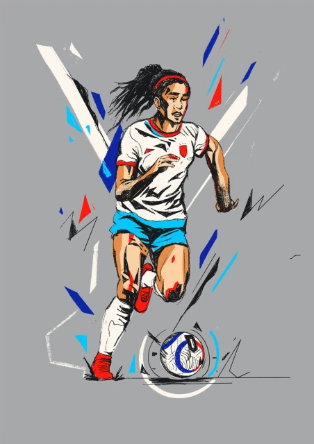 Illustration of a female soccer player with a ball, wearing a white and red jersey and blue shorts, on a gray background.