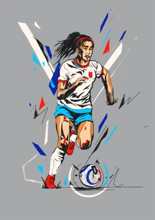 Illustration of a female soccer player with a ball, wearing a white and red jersey and blue shorts, on a gray background.