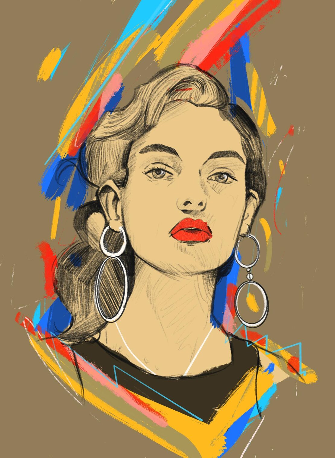 Portrait of an adult woman with bright red lips and large hoop earrings, rendered in a digital sketch style with colorful abstract accents.