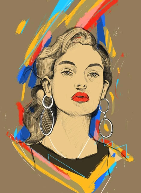 Portrait of an adult woman with bright red lips and large hoop earrings, rendered in a digital sketch style with colorful abstract accents.
