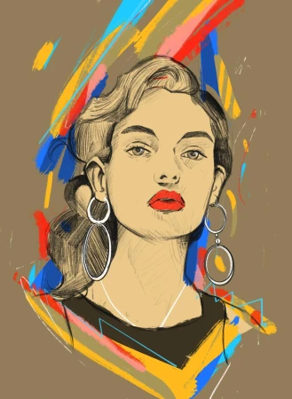Portrait of an adult woman with bright red lips and large hoop earrings, rendered in a digital sketch style with colorful abstract accents.