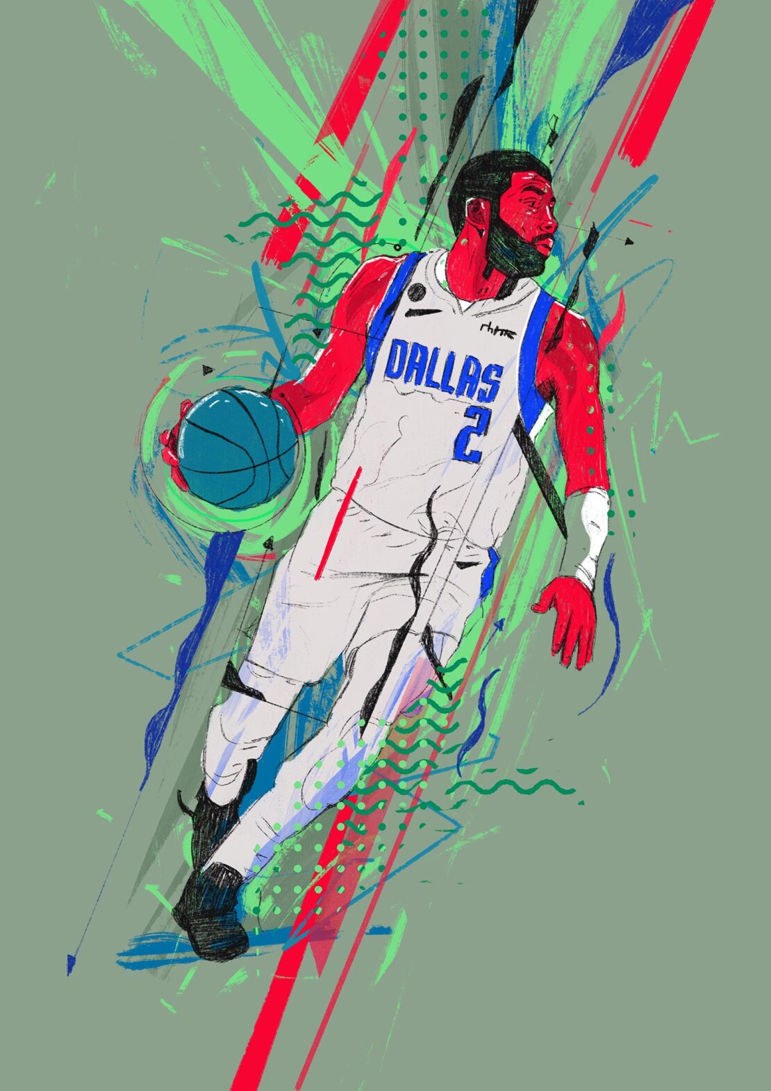 Illustration of an adult male basketball player in a white jersey with the word 'Dallas' dribbling a blue basketball.