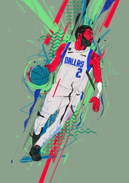 Illustration of an adult male basketball player in a white jersey with the word 'Dallas' dribbling a blue basketball.