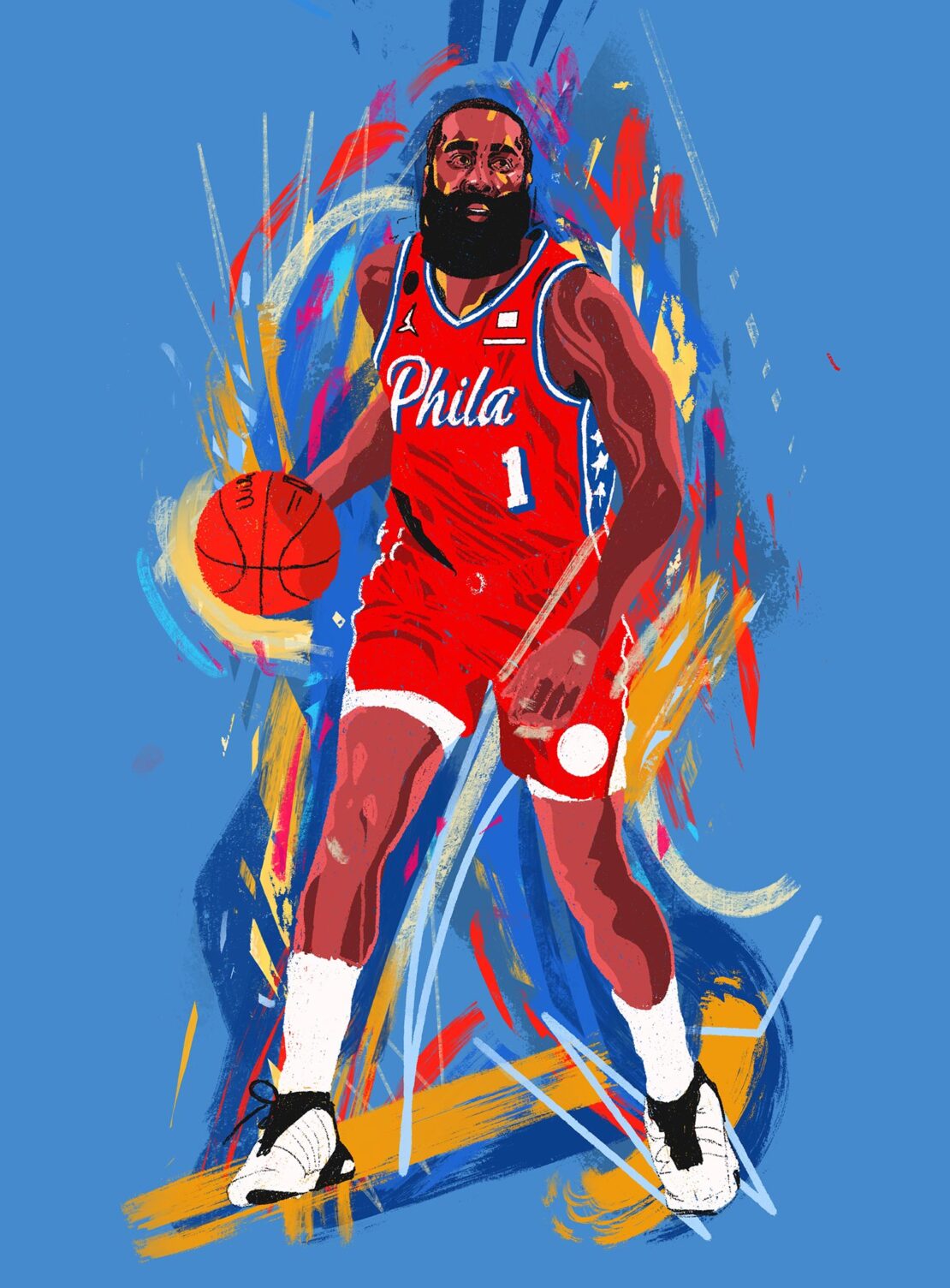 Illustration of basketball player in red uniform dribbling ball with colorful brushstroke background, sports art.