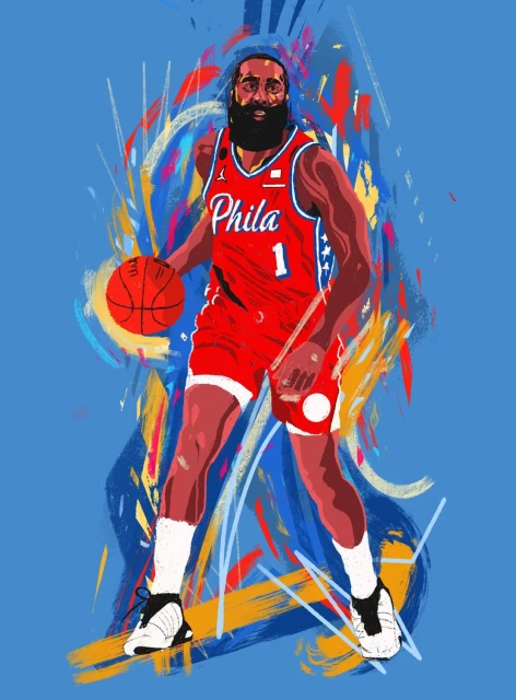 Illustration of basketball player in red uniform dribbling ball with colorful brushstroke background, sports art.