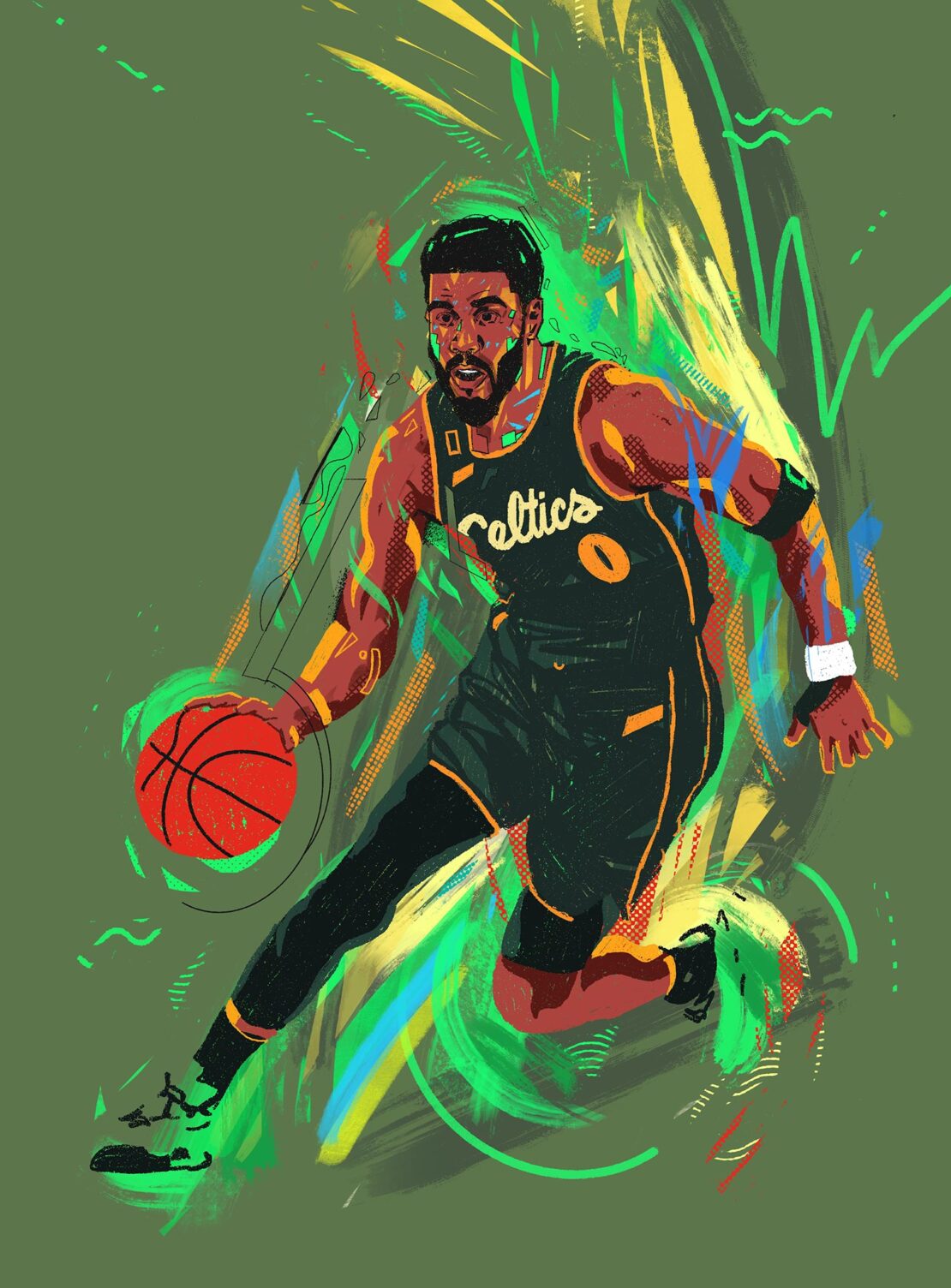Illustration of a Black basketball player dribbling an orange ball in action, wearing a Celtics jersey, rendered in an artistic style.