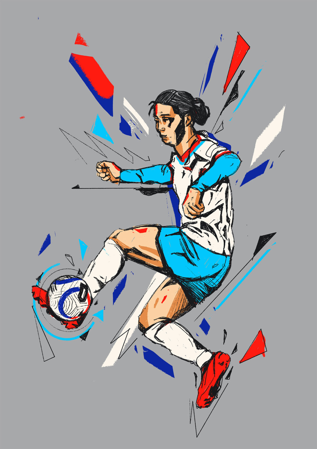 Illustration of a soccer player kicking a ball with red, white, and blue accents against a grey background in action pose.