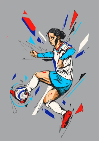 Illustration of a soccer player kicking a ball with red, white, and blue accents against a grey background in action pose.