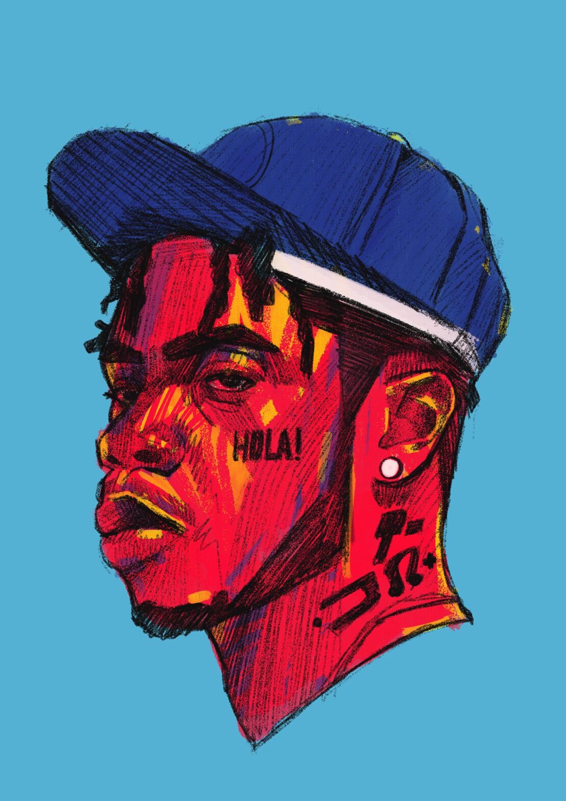 Illustration of a young adult with an earring, cap, and face tattoo, rendered in red, blue, and yellow on a light blue backdrop.