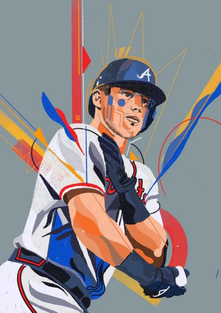 Illustration of a baseball player in full gear with the Atlanta Braves logo, showcasing a blend of sports and art.