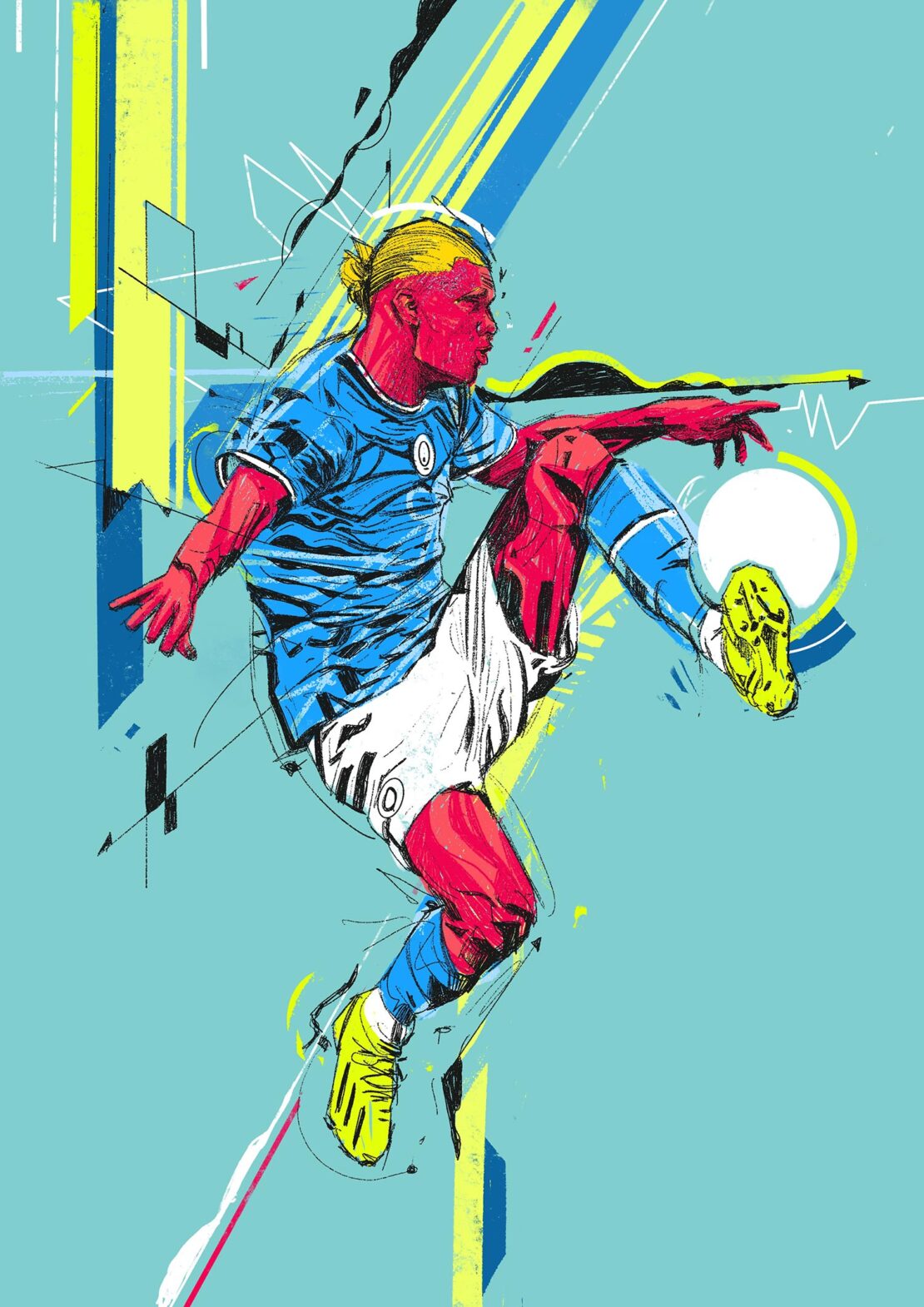 Illustration of a male soccer player in blue uniform kicking a soccer ball in a dynamic pose against a teal background.