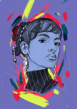 Portrait illustration of a woman wearing ornate drop earrings against a purple background with colorful brush strokes