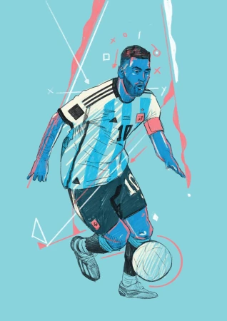 Illustration of a soccer player in Argentina jersey dribbling a soccer ball with line art background on a light blue backdrop.