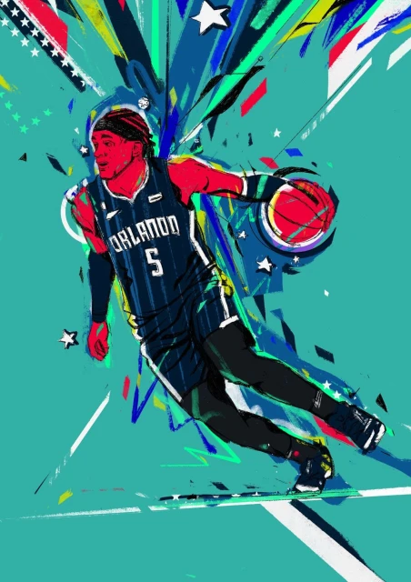 Illustration of basketball player wearing Orlando jersey dribbling the ball, set against a teal background with graphic elements.