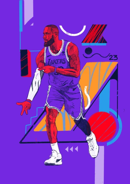 Illustration of LeBron James in Lakers uniform, dribbling, against a purple geometric background. Sports art, basketball art.
