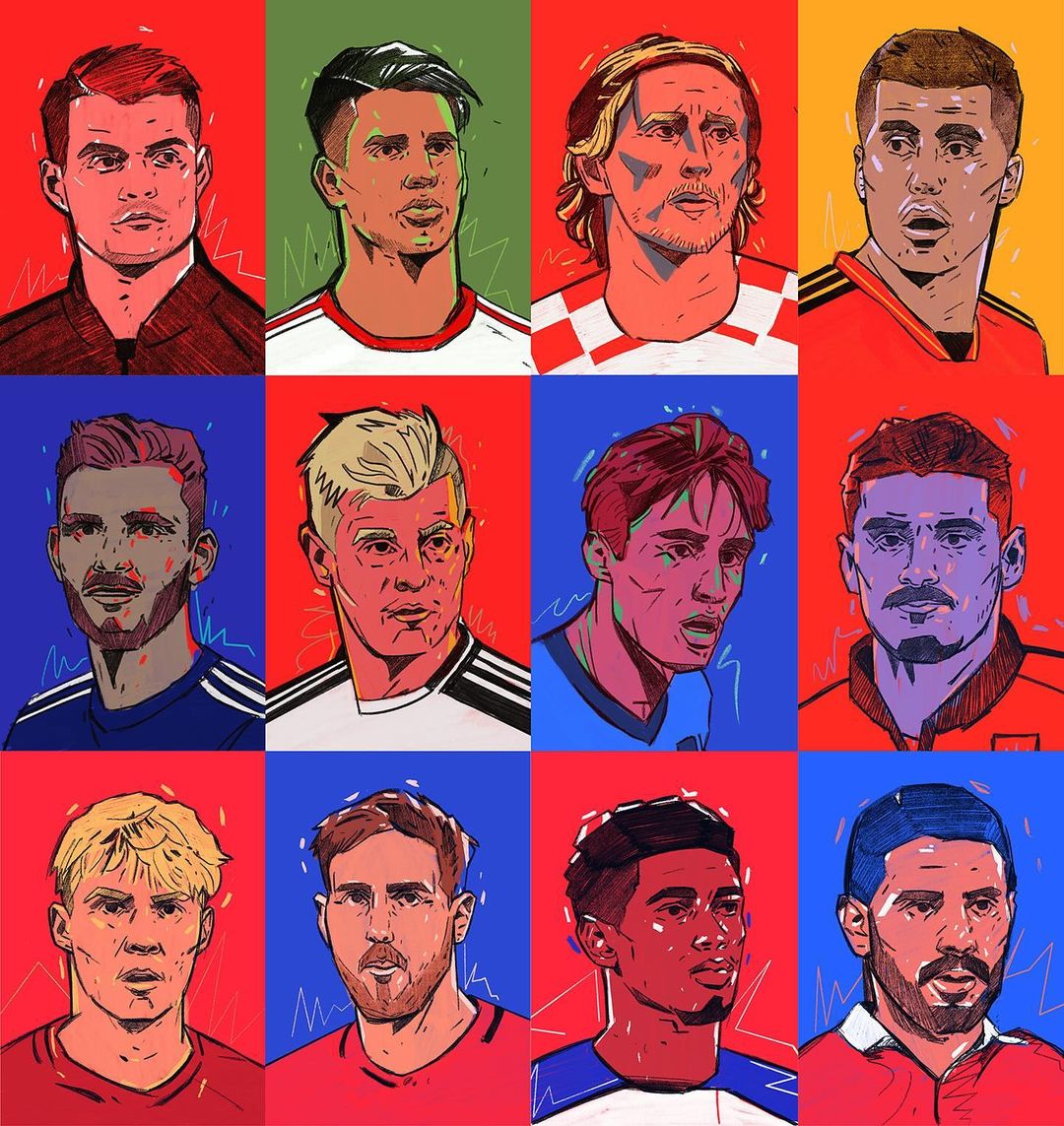 Illustration of soccer players in various national team jerseys. Digital artwork with stylized portraits against divided color blocks.