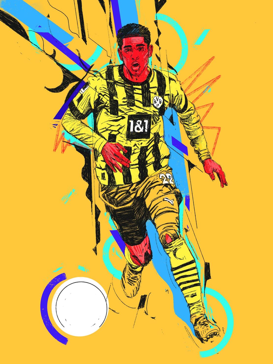 Illustration of a soccer player in a yellow and black striped jersey, running with the ball on a yellow background with geometric designs.