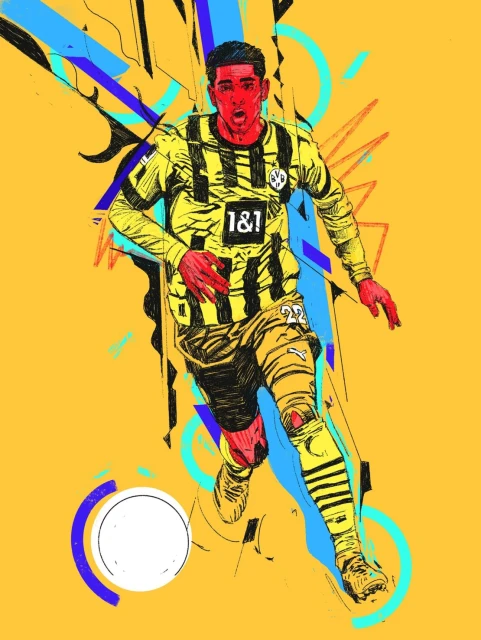 Illustration of a soccer player in a yellow and black striped jersey, running with the ball on a yellow background with geometric designs.