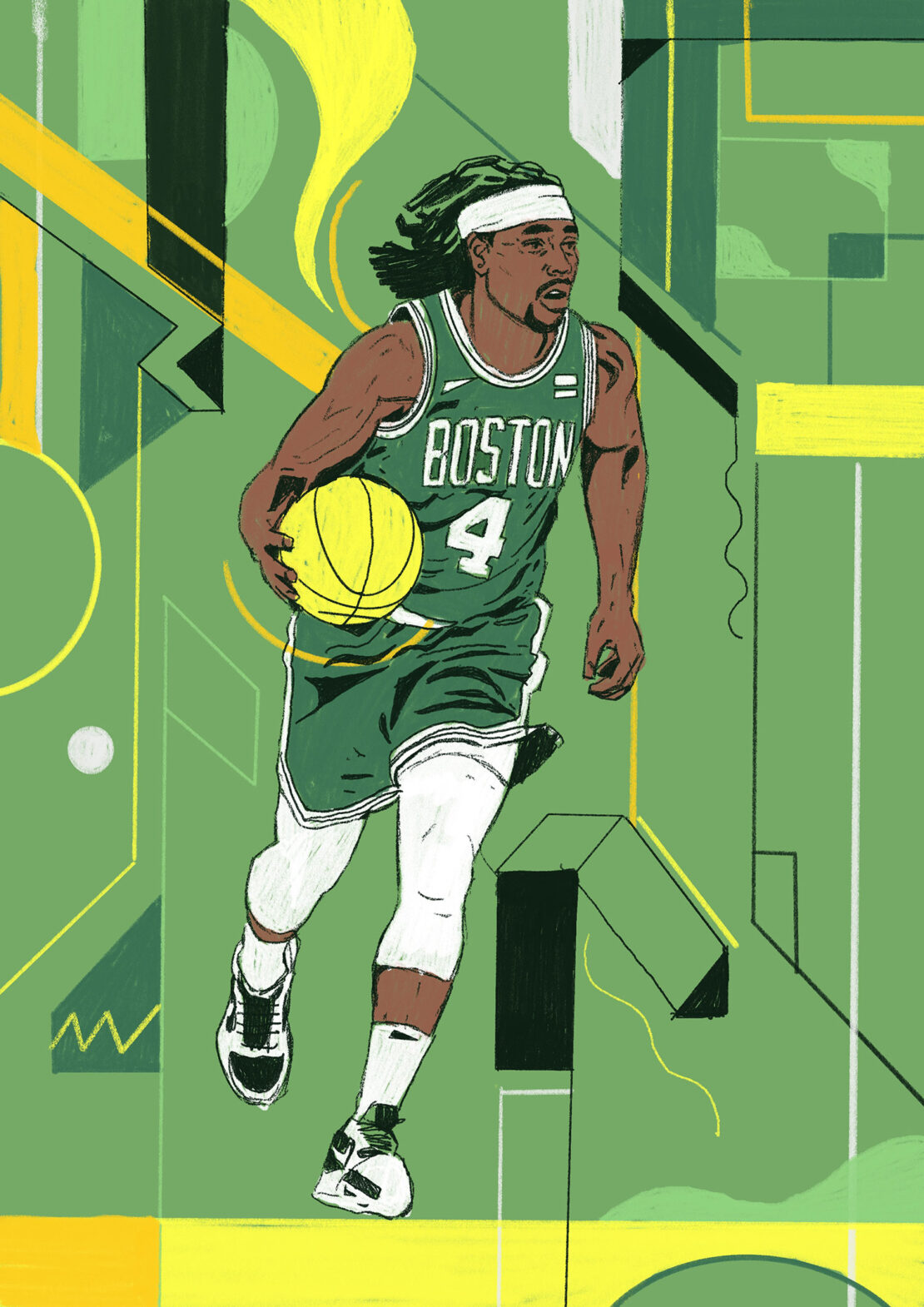 Illustration of a basketball player dribbling a ball. The athlete wears a green and white Boston jersey with the number 4 on it.