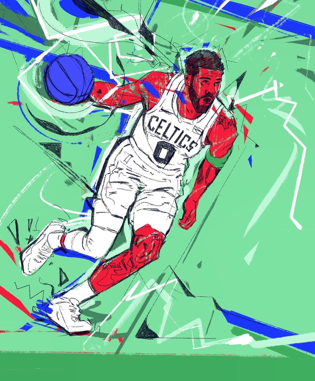 Illustration of a male basketball player dribbling a blue ball, wearing a Celtics jersey with angular color accents against a light green background.