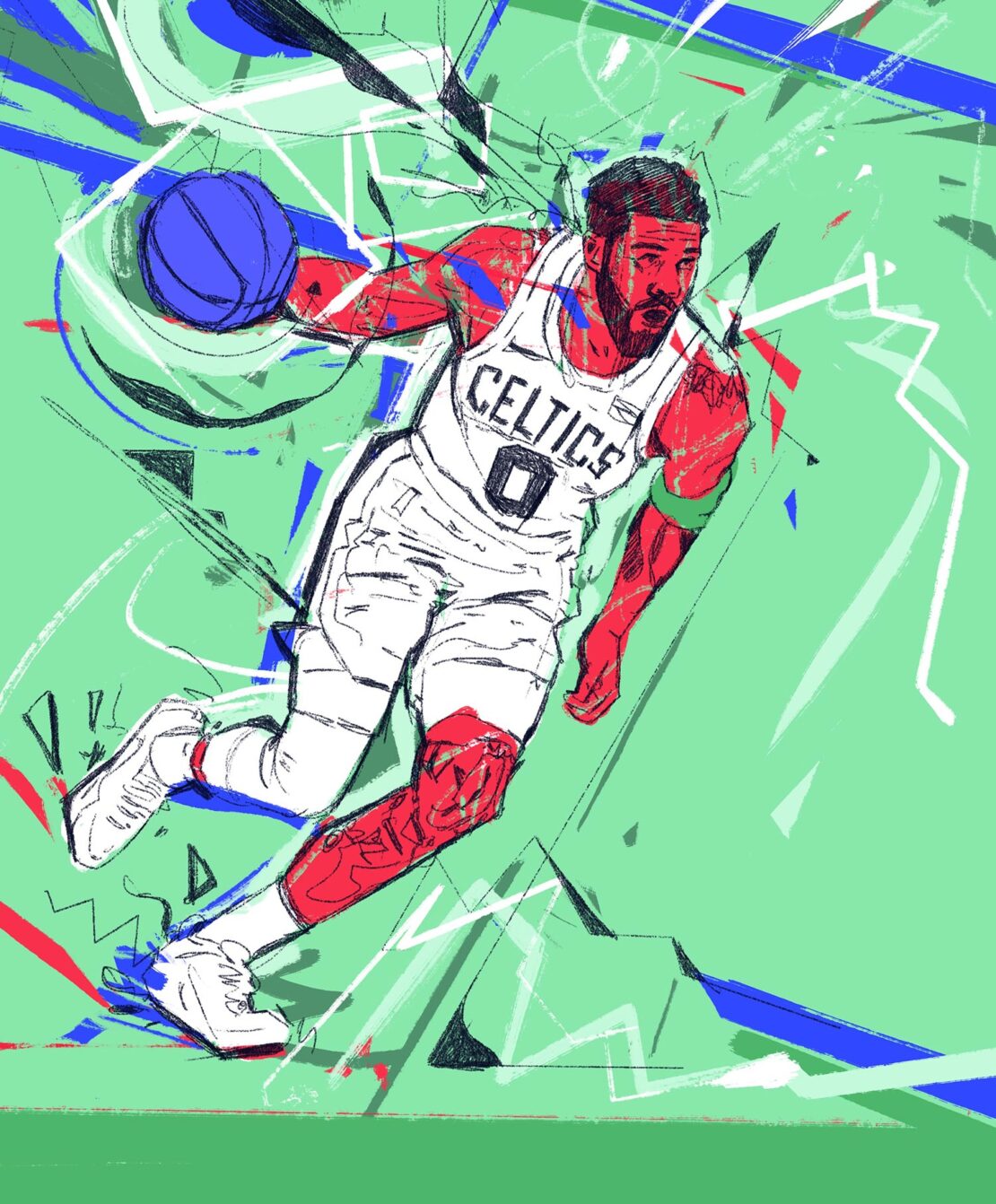 Illustration of a basketball player in a white Celtics uniform dribbling a blue basketball against an abstract green background.