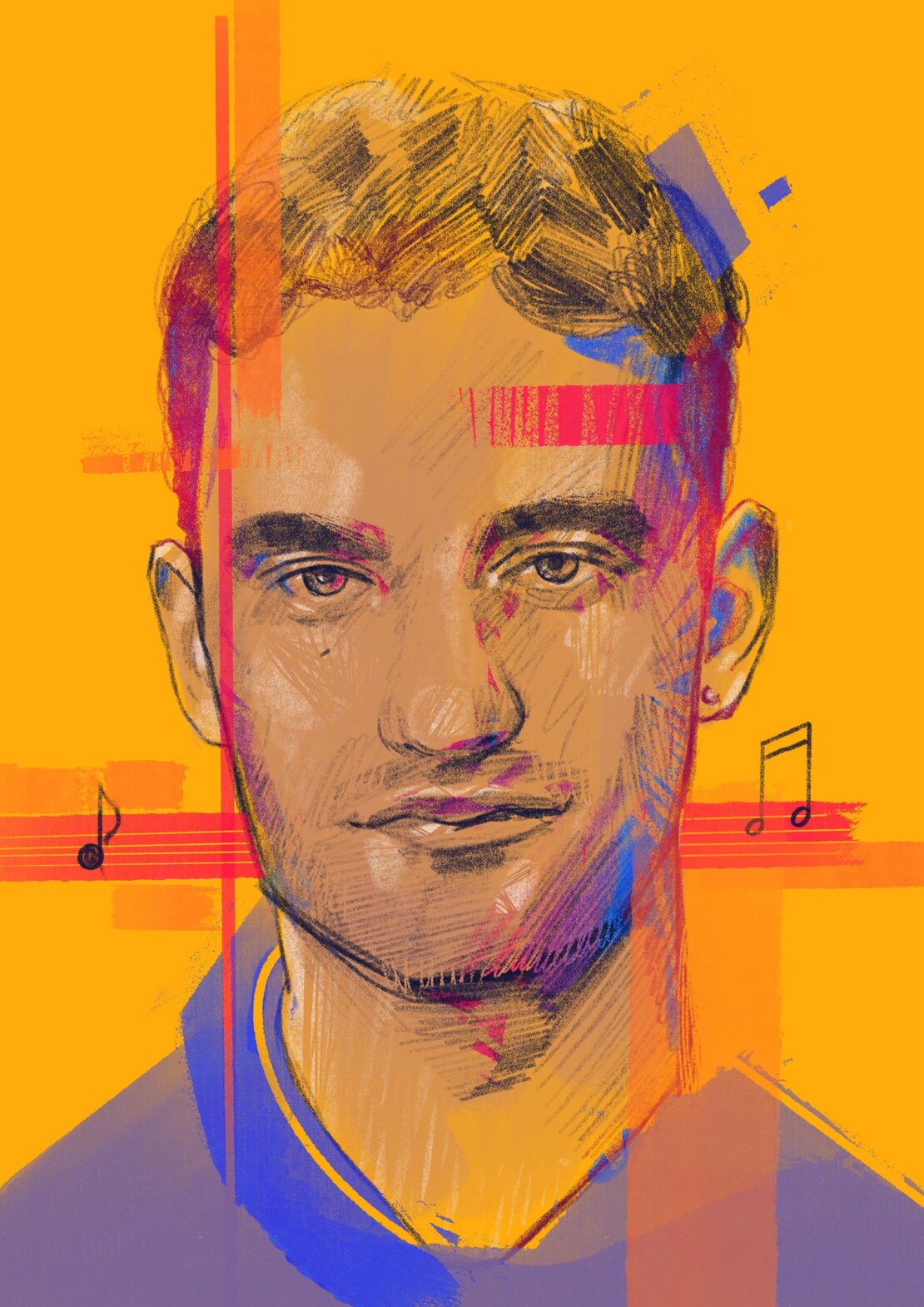 Illustration of a young adult male with short hair and neutral expression against an orange background with music notes and graphic elements.