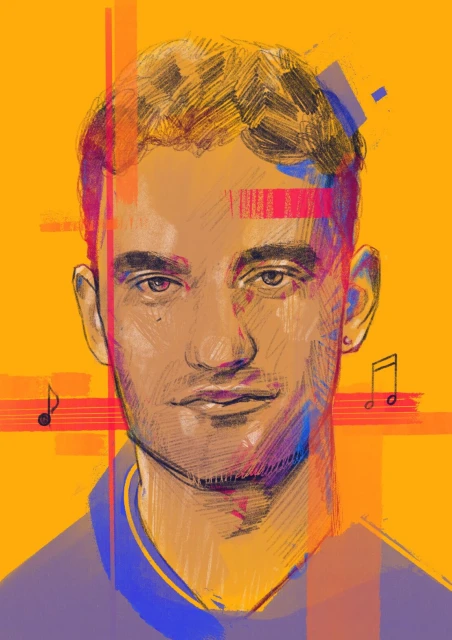 Illustration of a young adult male with short hair and neutral expression against an orange background with music notes and graphic elements.