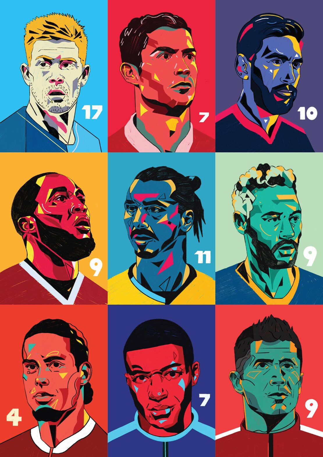 Illustration featuring nine soccer players in a grid pattern, showcasing colorful portrait art with distinct numbers beside each player.