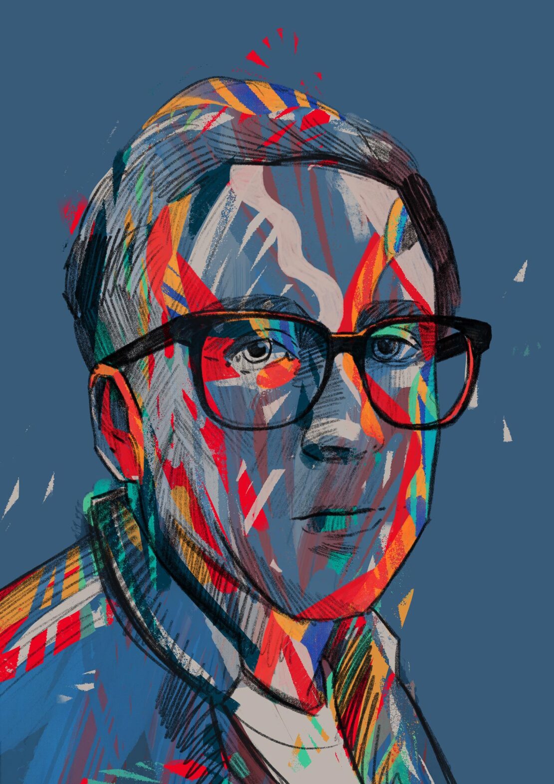 Illustration of a man with glasses and a blue jacket, rendered in colorful lines and shapes against a dark blue background.