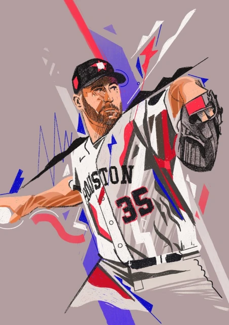 Illustration of baseball pitcher in uniform, preparing to throw a pitch, with dynamic geometric background, rendered in graphic style.