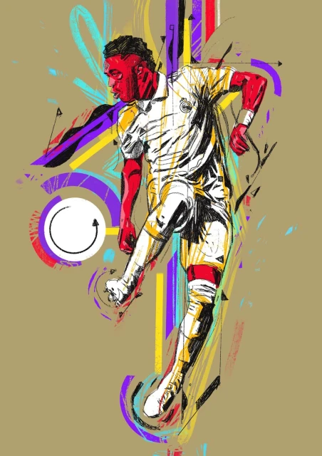 Illustration of a soccer player in action, showcasing the artistry of sport with dynamic lines and vibrant colors on a tan background.