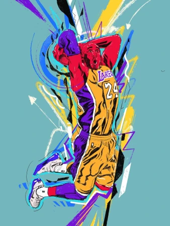 Illustration of a basketball player in a Lakers uniform in mid-air, holding a basketball. The background is light blue with abstract design elements.